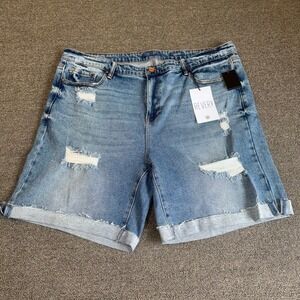 Revery Womens Plus 3X Blue Distressed Mid-Rise Bermuda Denim Shorts NWT Casual